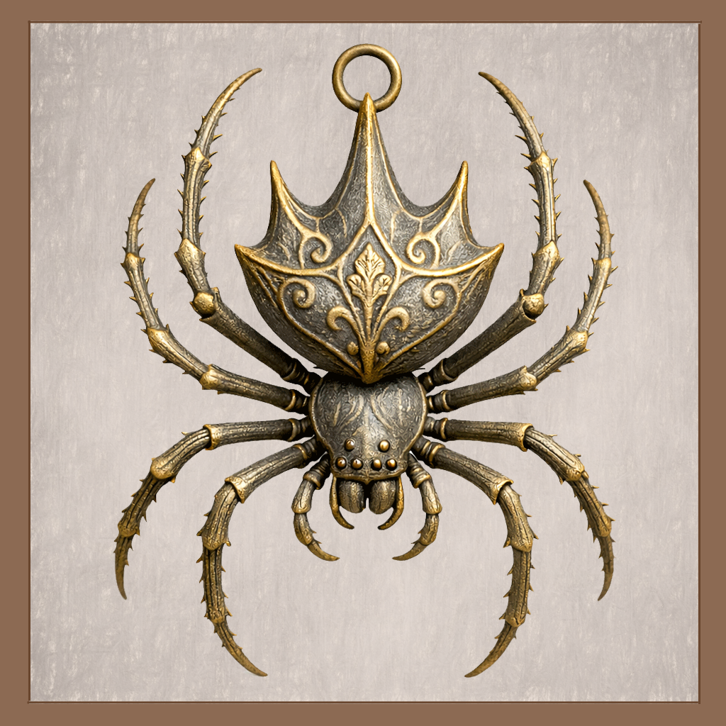 Gothic spider ornament with ornate shield-like abdomen and spiked legs, antique gold finish on neutral background