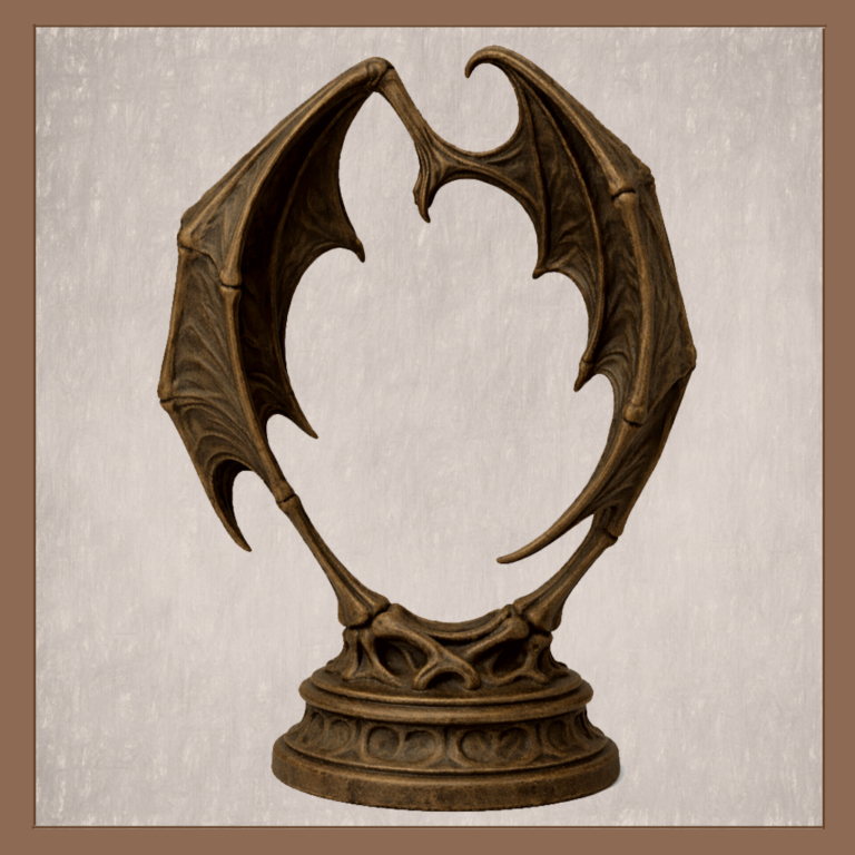 Gothic bat-wing ornament display stand with sculpted root base on neutral background