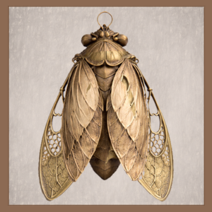 Gothic cicada ornament with layered wings and delicate lattice detailing on neutral background
