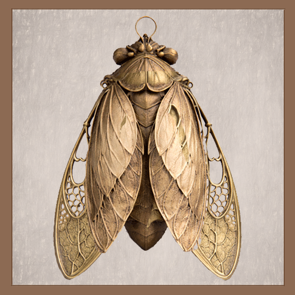 Gothic cicada ornament with layered wings and delicate lattice detailing on neutral background