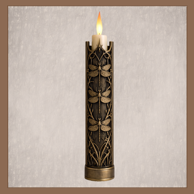 Gothic candle shroud with dragonfly relief and antique gold finish surrounding a lit candle on neutral background