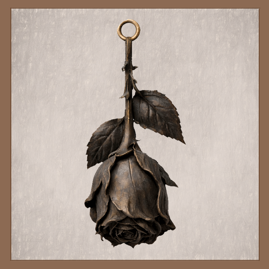 Gothic wilted rose ornament with dark petals and thorned stem on neutral background