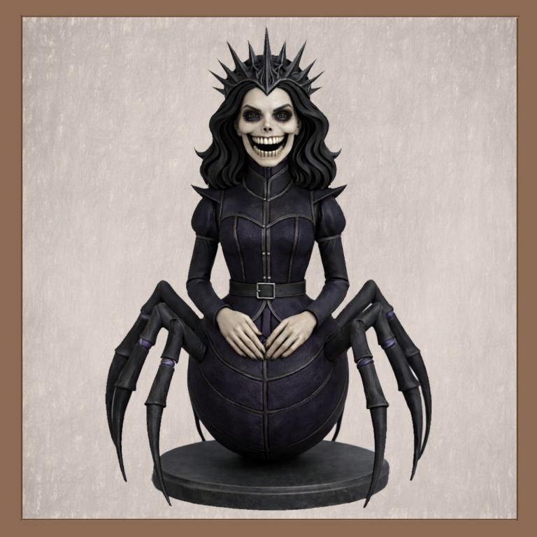 Gothic spider queen figure with humanoid torso, multiple legs, and spiked crown on neutral background