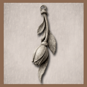 Gothic botanical ornament with drooping bud and leaves, mourning flower inspired, in aged ivory finish