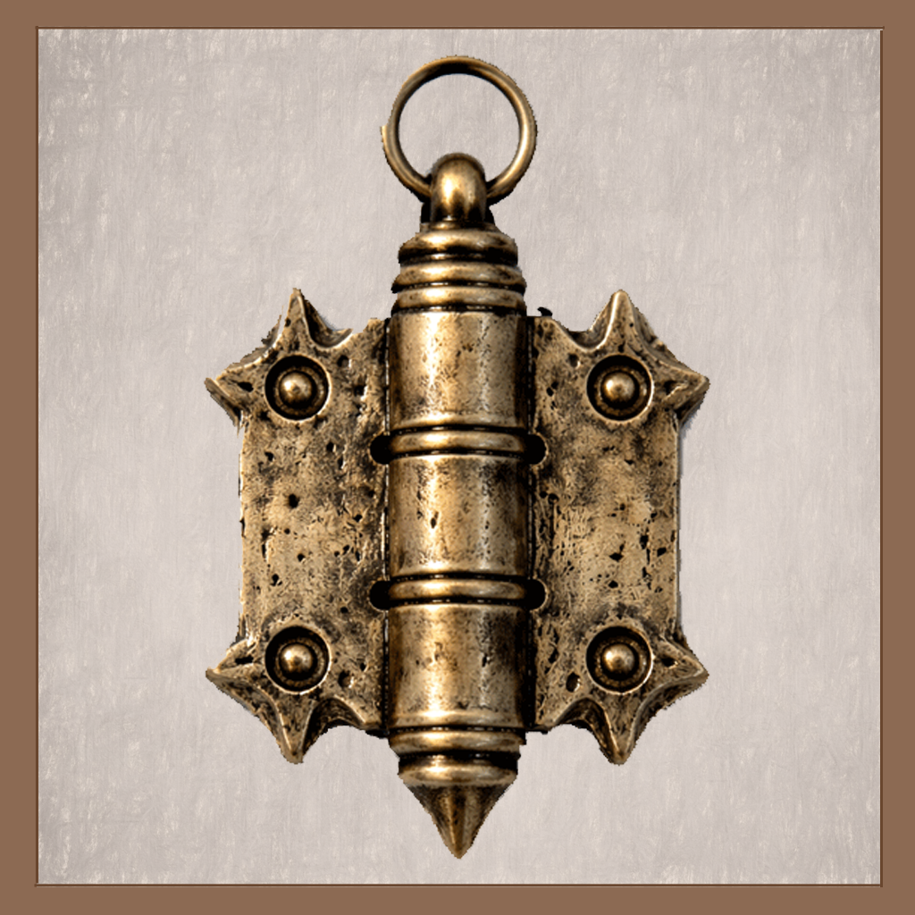 Gothic hinge ornament with riveted plate and aged brass finish on neutral background